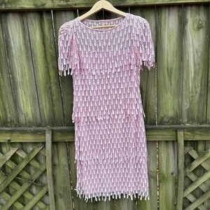 Vintage 80s Samax Crochet Fringe Flapper Cocktail‎ Dress Made in USA Pink Small
